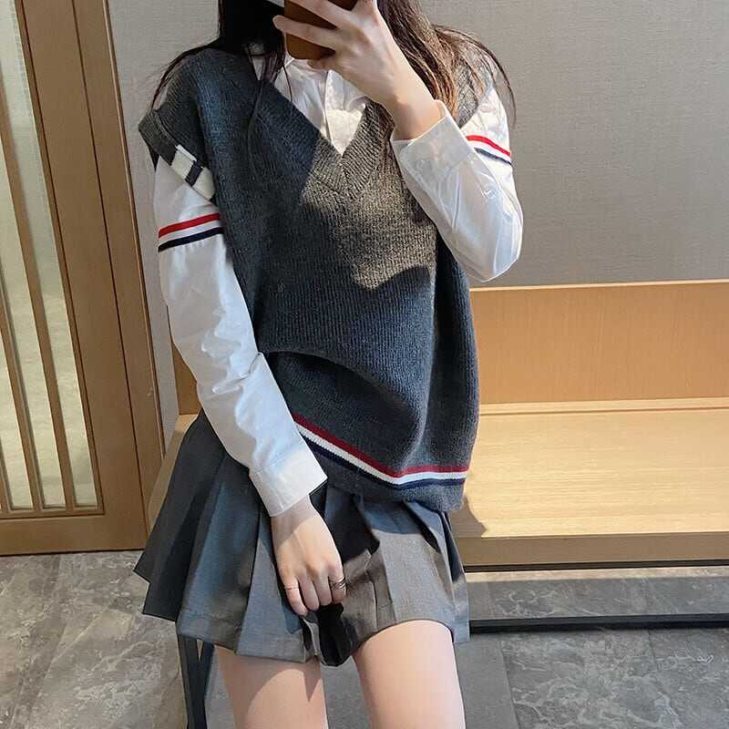 レディース ベスト ざっくり Vネック ニット インスタ映え 美スタイル トリコロール ライントラッド 暖かい 可愛い かわいい 韓国 かっこいい カジュアル きれいめ シンプル クラシック lout