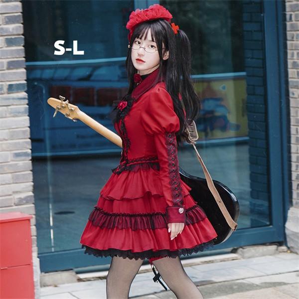 ロリータ ゴシック ゴスロリ 袖 上下セット Aライン Lolita パフスリーブ レース フリル 可愛い アイドル衣装 バンド ショート丈