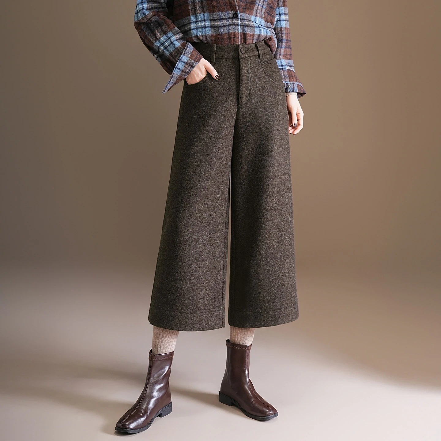 裏起毛 8分ツイードパンツ ルーズ ハイウエスト ウール ワイド ガウチョパンツ 秋冬