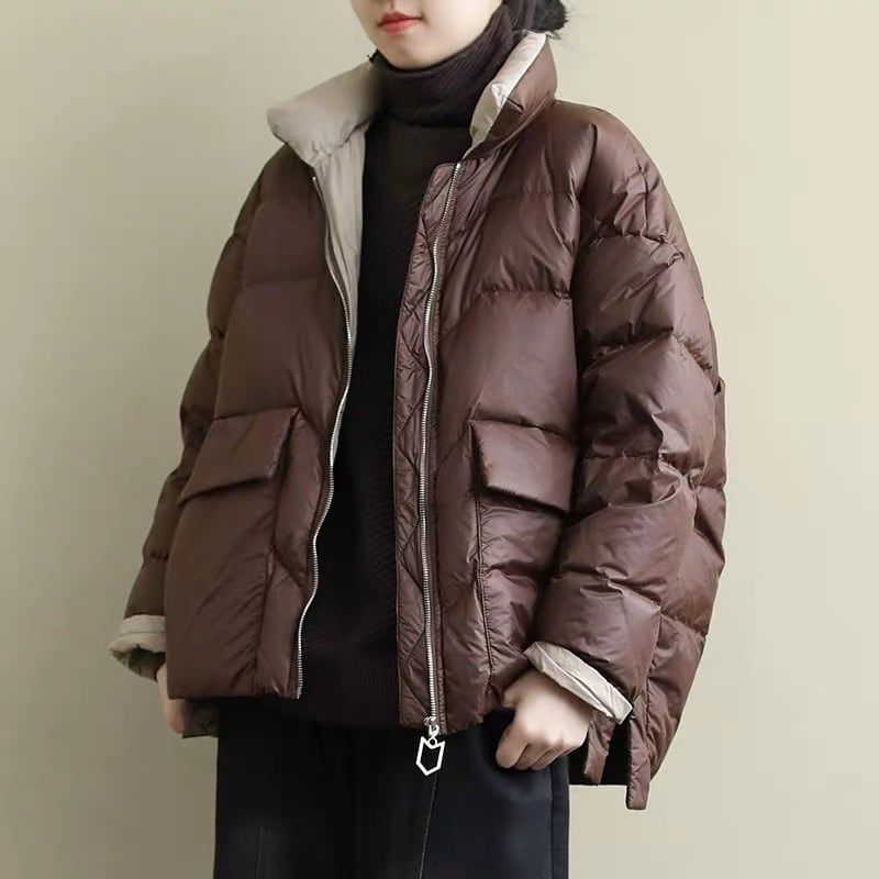 レディース ジャケット コート ダウン アウター ダウンコート ショート 長袖 スタンドカラー ファスナー ポケット バイカラー シンプル