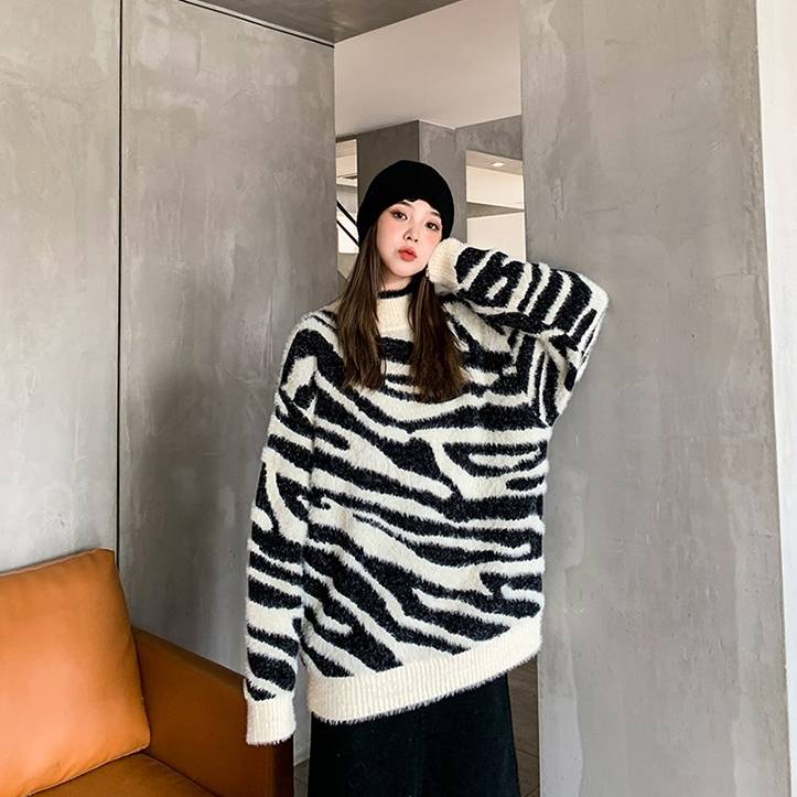 トップス ニット レディース 長袖 ハイネック ストレート 起毛 モヘア ケーブルニット かわいい 大人可愛い カジュアル ラフ メンズライク ルーズ ゼブラ柄 秋 冬 ペア ユニセックス デート M 5,342円