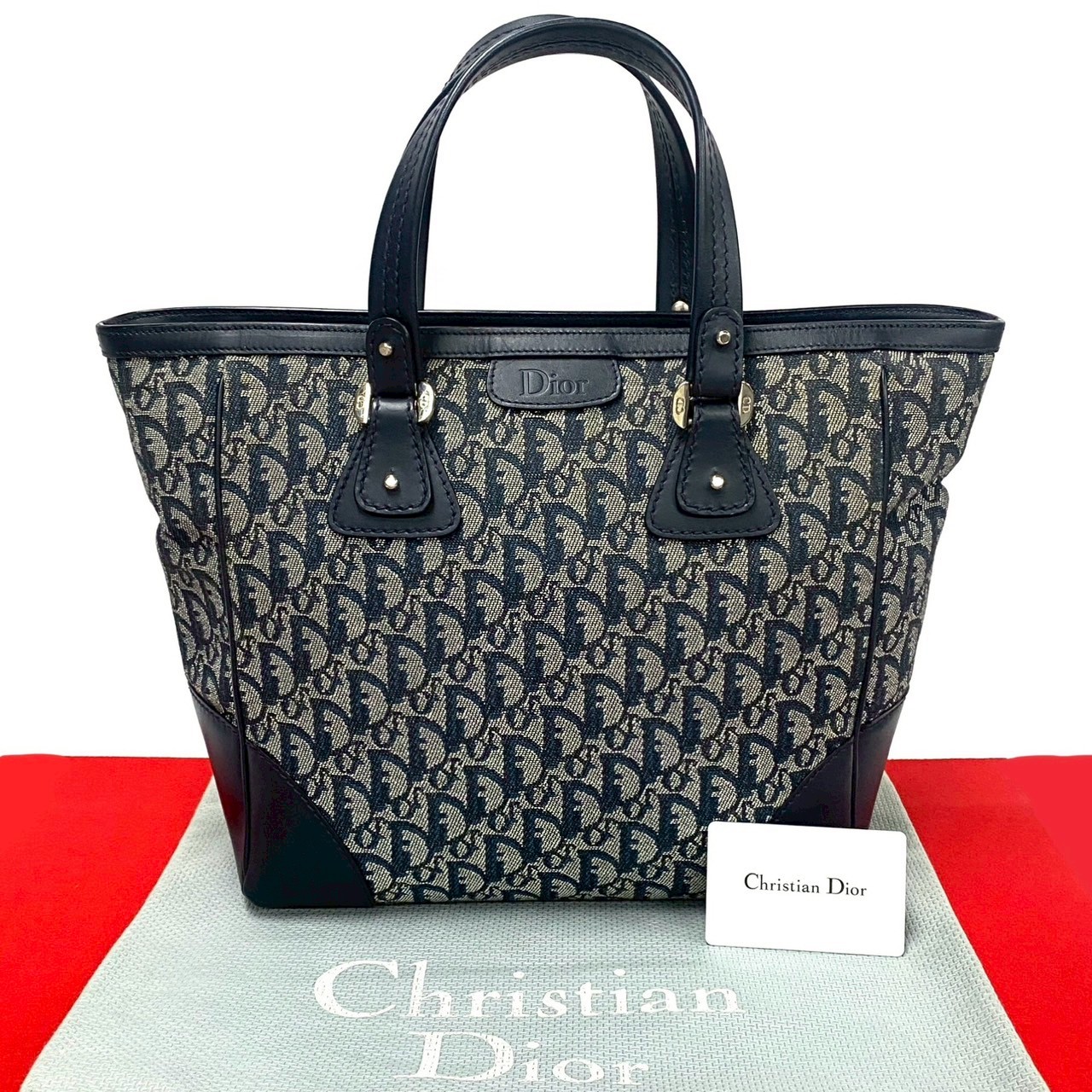 トロッター 柄ハンドバッグ キャンバス レザー ネイビー 37302