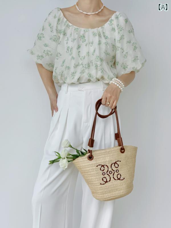 トップス レディース おしゃれ 上品 通勤 オフィス カジュアル フランス 花柄 パフスリーブ シフォンシャツ 夏 ラウンドネック スリム 半袖