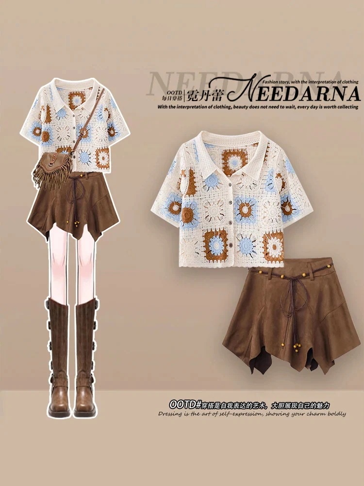 【送料無料】デューンウェイストランド風トラベルウェアレトロセーター2025夏プチツーピーススーツショートスカート 母の日のプレゼント