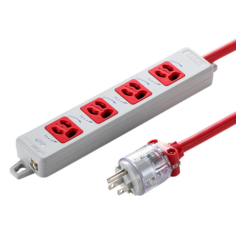 医用接地プラグ付き電源タップ 3P 4個口 レッド 5m TAP-HPM4-5R