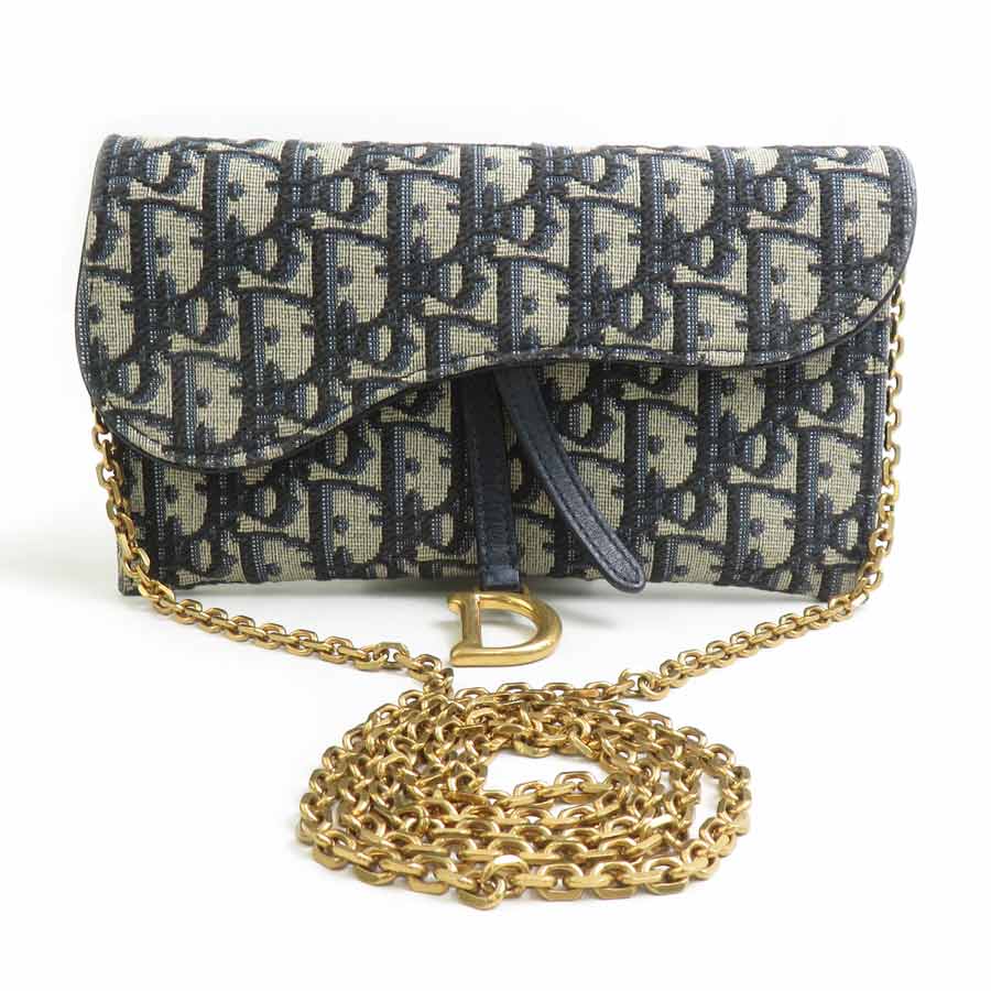 クリスチャンディオール Christian Dior チェーンウォレット オブリーク サドル キャンバス ネイビー レディース 90235a