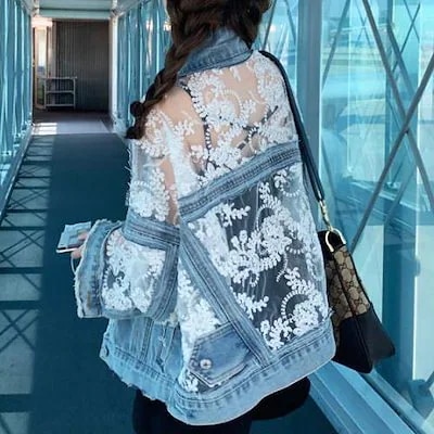 レース切り替えドッキングデニムジャケットGジャン 今季トレンドデザインデニムジャケットレディース デニムジャケットジーンズ アウタージャケット