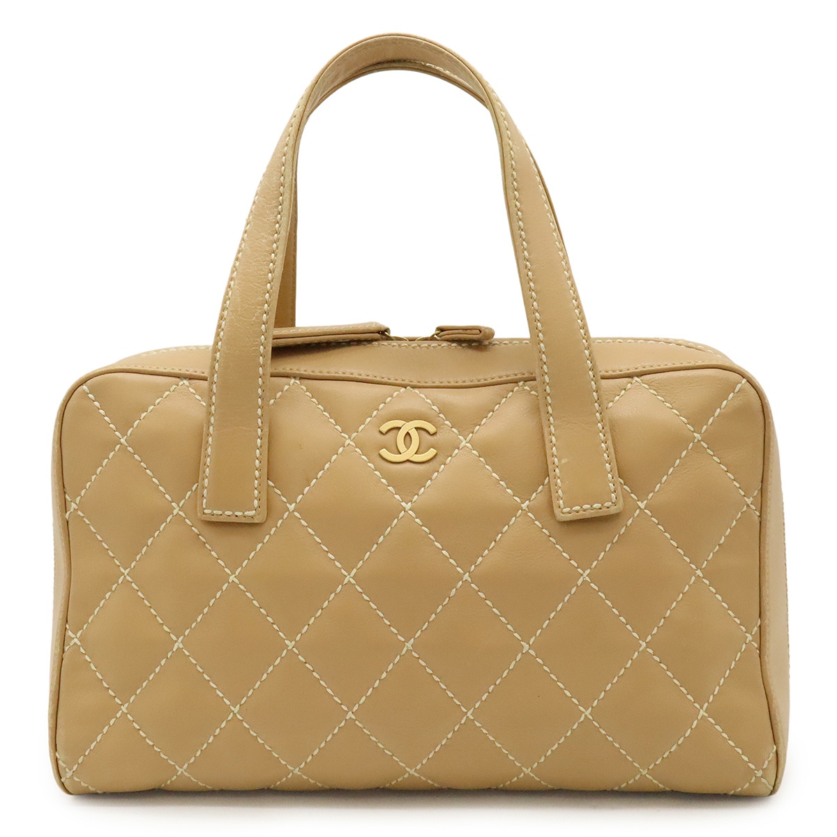 ワイルドステッチ ハンドバッグ ミニボストンバッグ レザー ベージュ ゴールド金具 ポーチ欠品 A1469