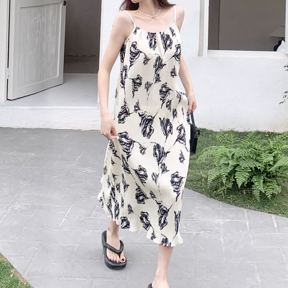 女子 プリーツ フラワー バカンス ロング ワンピース