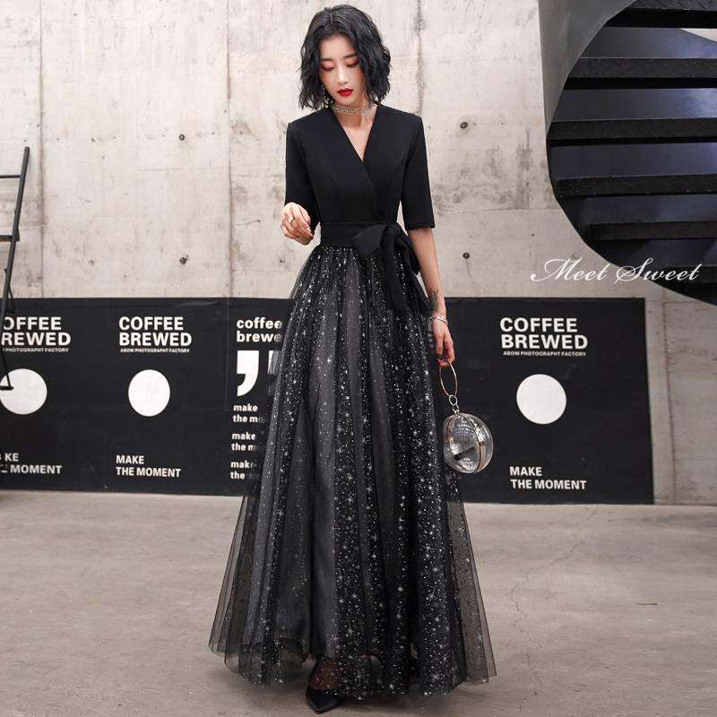 カラードレス ファスナー ブラック Vネック パーティードレス フォーマル ロングドレス 結婚式 二次会 披露宴 発表会 演奏会 ウェディングドレス Aラインドレス