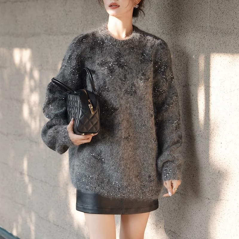 セーター ニット トップス 蝶々 モヘア オーバーサイズ ラメ グリッター 長袖 大人可愛い シンプル お洒落 こなれ感 普段使い