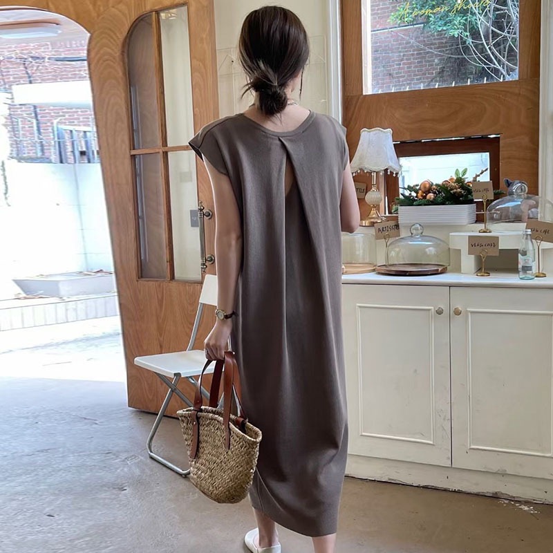 レディース ワンピース ロング マキシ 8分丈 9分丈 アンクル丈 半袖 フレンチスリーブ ラウンドネック タイト スリム 細身 ストレート 背中開き かわいい 大人可愛い きれいめ シンプル