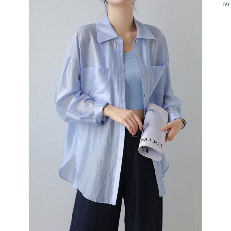 レディース ファッション　レディース　カジュアル　上品　綺麗　外出 ホワイトたり 薄手 長袖 日焼け防止 ブラウス 夏 テンセル ダブル ポケット 快適 シャツ アウターウェア