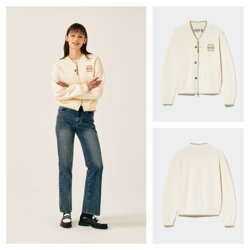 【SATUR】 TEO VARSITY ZIP-UP KNIT CARDIGAN : RESORT CREAM