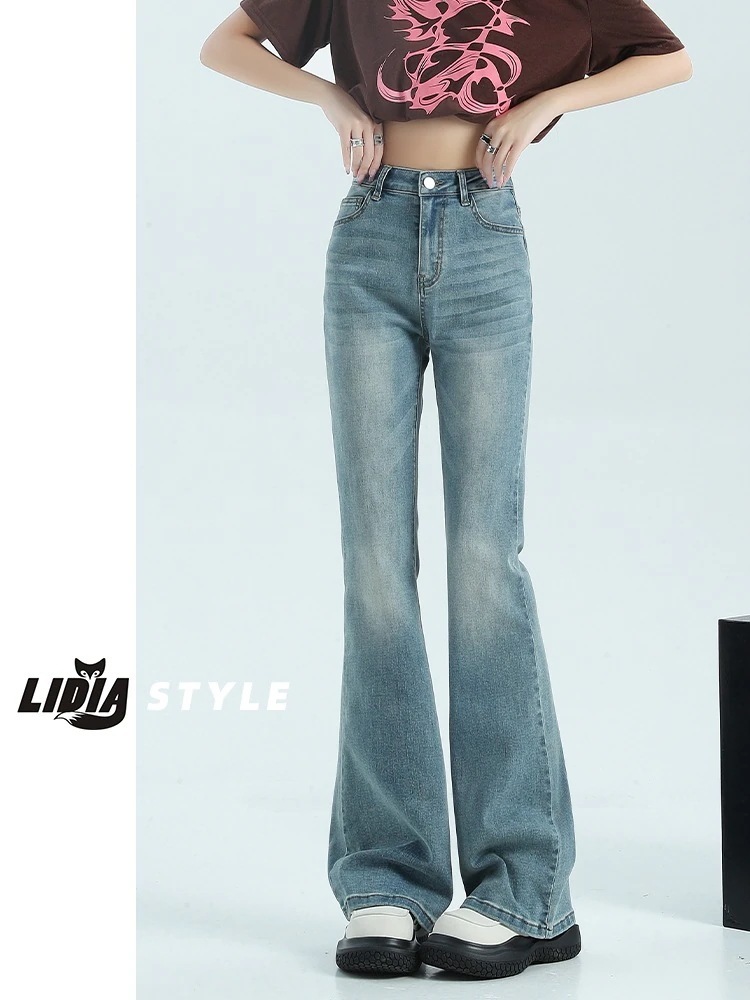 ヴィンテージラフレアパンツマイクロスパイシーラージーンズ女性l春ハイウエスト薄い洋ナシ体型パンツ