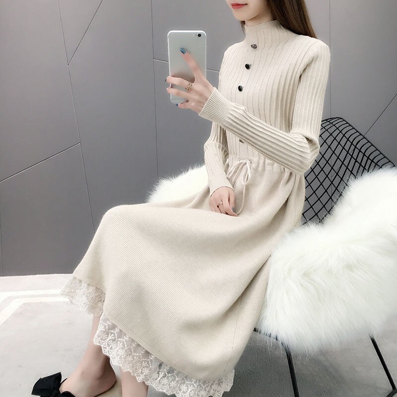 ベ一シックニットカシミヤタッチ秋冬 裏起毛 厚手 ニットワンピース セミロング レース ハイネック ゆったり ウールのスカートタートルネックニットラウンドネックニット30%制限