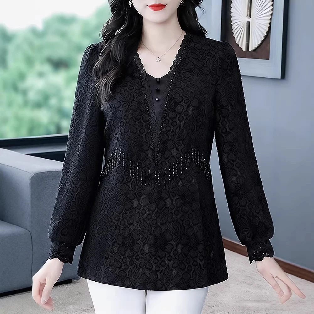 春のレースのレトロな気質ファットマザー長袖多用途ボトリングシャツトッププラスサイズの女性の服