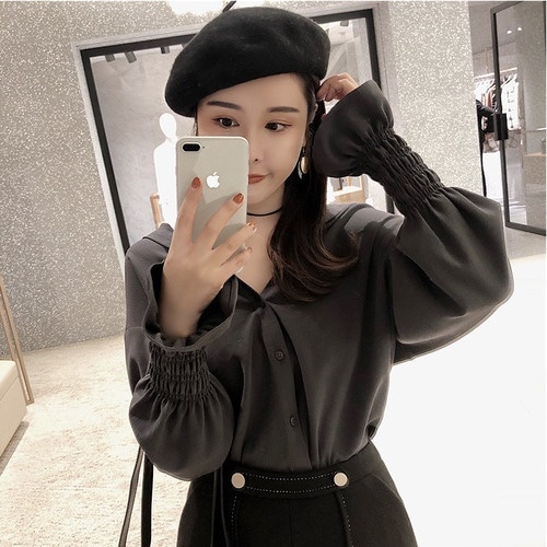 2469.パフスリーブ長袖ブラウス（グレー）2019 春夏 カジュアル 無地 普段使い お出かけ