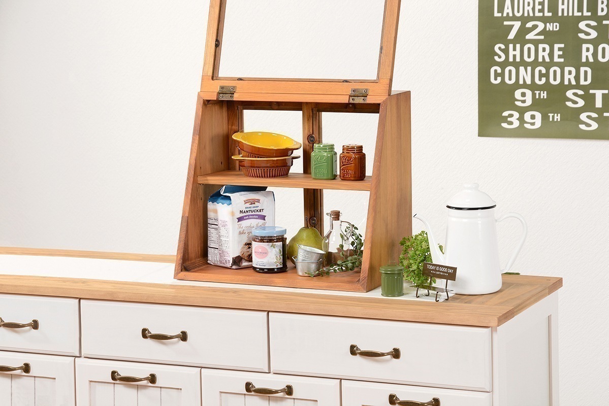 ラック 棚 カウンター上 キッチン収納 ガラス 木製 アンティーク レトロ おしゃれ ナチュラルモダン ストッカー 木製