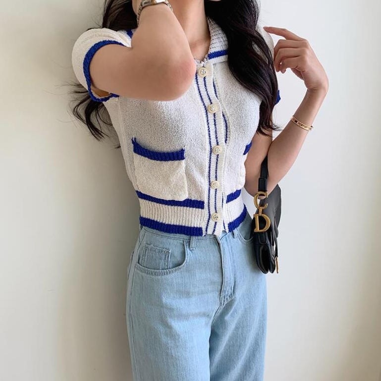 バイカラーショートカーディガン カーディガン 半袖 襟付き ポケット ボタン 前開き スリム 細身 韓国 レディース かわいい 可愛い 大人可愛い 大人女子 シンプル きれいめ カジュアル