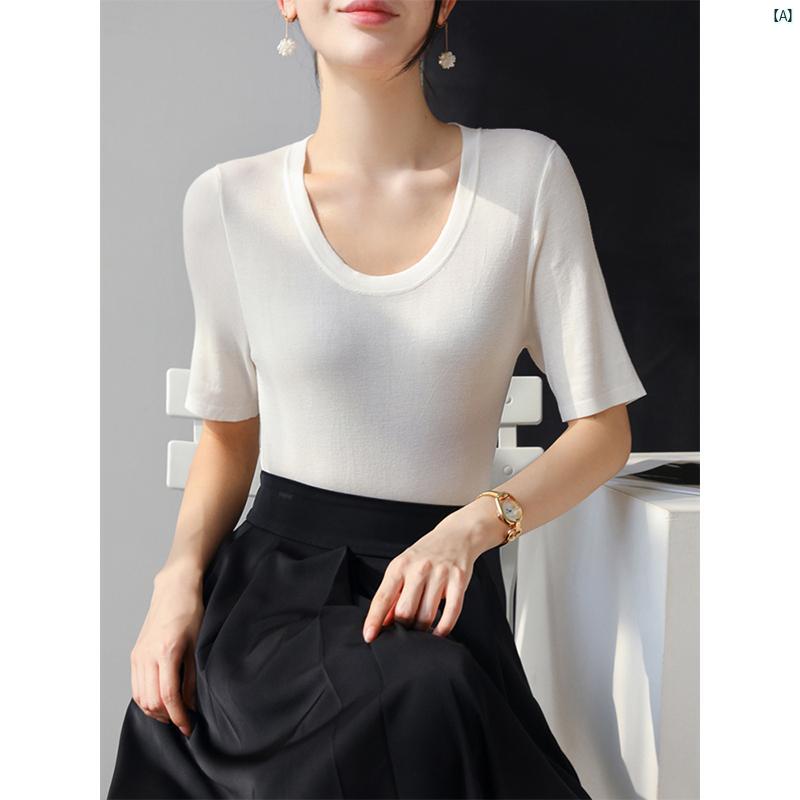 レディース ファッション　レディース　カジュアル　上品　綺麗　外出 U ネック テンセル 五分袖 スリム インナー 夏 薄手 プルオーバー ニット ボトム シャツ 半袖 Tシャツ トップス ブラック