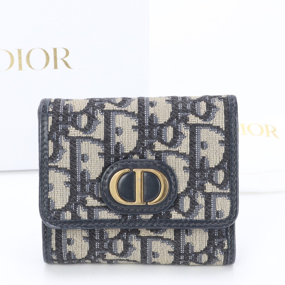 美品 トロッター オブリーク レザー×キャンバス 三つ折り 財布 長財布 二つ折り 三つ折り コンパクト ウォレット ラウンドファスナー ネイビー 紺 レディース メンズ MMM BI10-10 中古