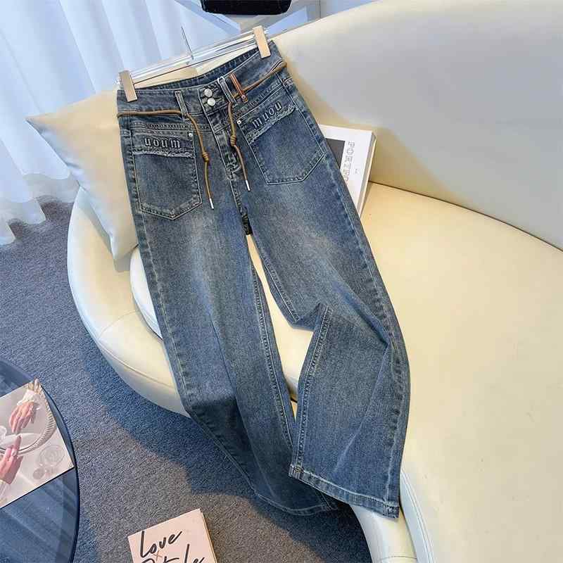 レディース ファッション カジュアル おしゃれ ダーク ブルー ナロー デニム ワイドレッグ パンツ 春秋 ハイウエスト スリム ストレート パンツ