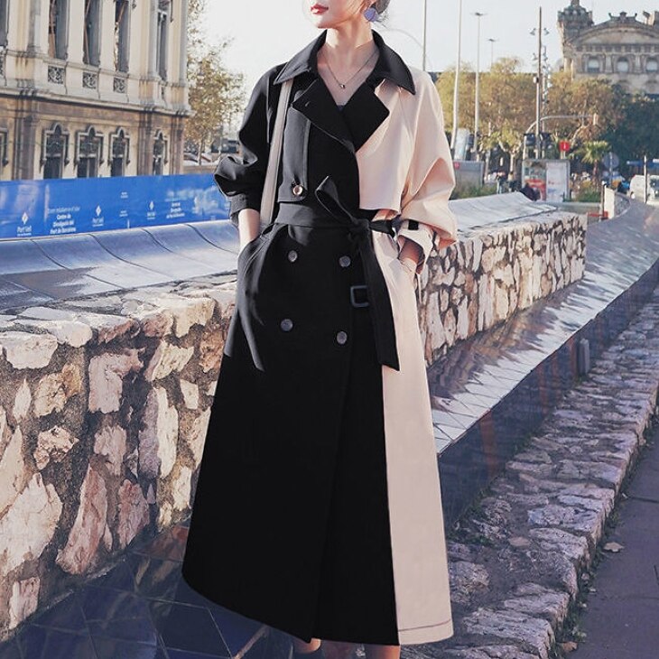 魅力的 エレガントファッション配色切り替えベルト付きロングトレンチコート