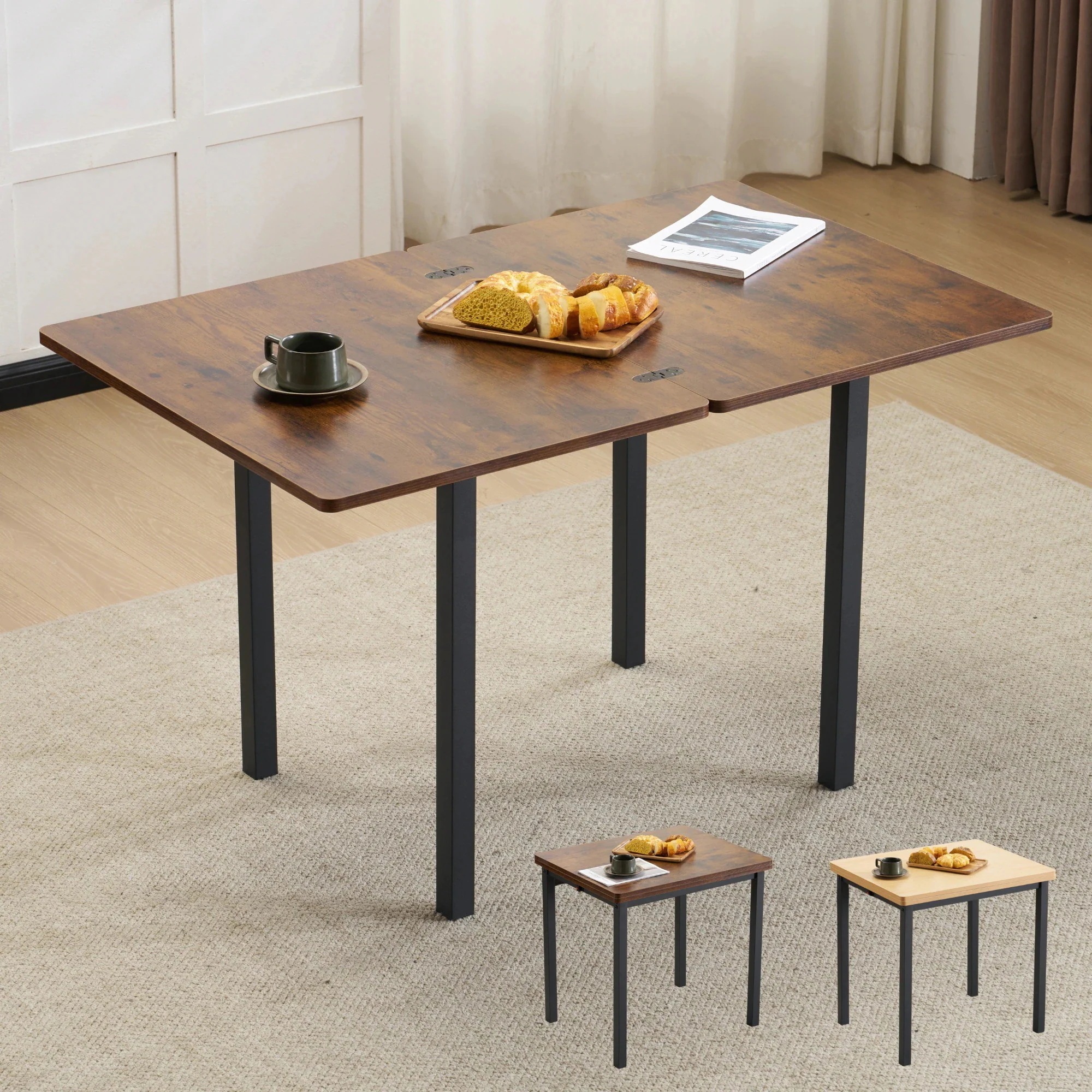 【テーブル単品】ダイニングテーブル 天板が広げる 幅75-120ｃｍ 昇長式テーブル 作業用 デスク テーブル センターテーブル リビングテーブル コンパクト ブラウン