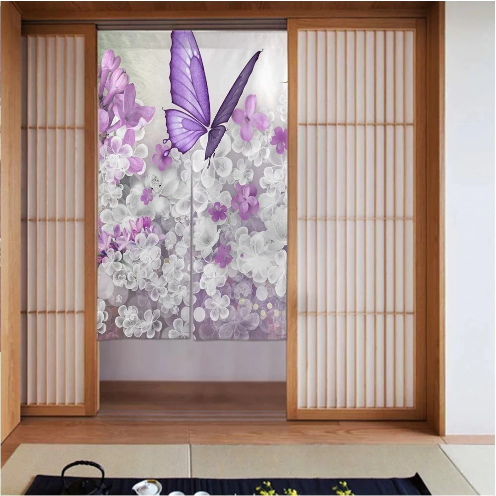 カーテン3456in 蝶-花-紫 良いドレープ滑らかでしわになりにくい