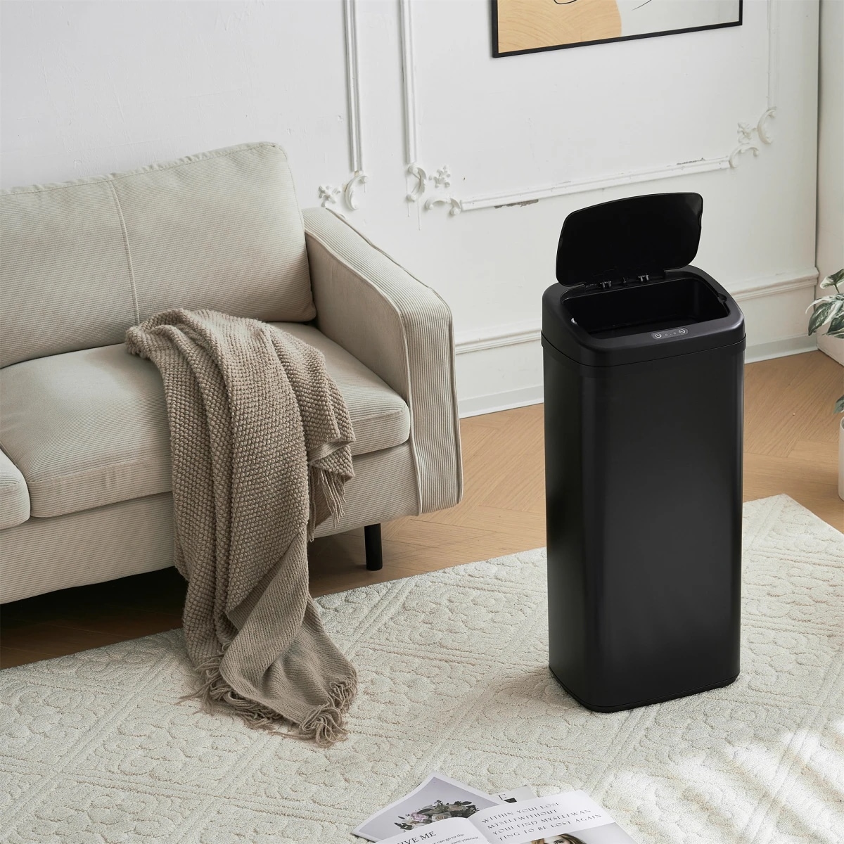 センサー全自動開閉式 センサー調節機能 ゴミ箱 大容量 45L ブラック キズや 摩擦 汚れに強いステンレススチール素材採用 一推就能长时间打开【日本国内出荷-3日で配達】 DJYC210