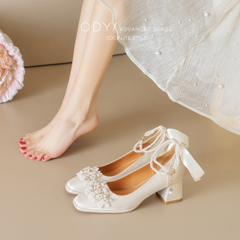 ダイヤモンドパールメリージェーンハイヒールウェディングシューズブライダルシューズ ウェディングドレスツーウェア太いヒールブライズメイドシューズレディース