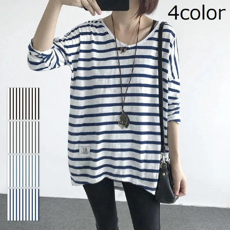 Tシャツ ロンT カットソー 長袖 ロング丈 チュニック丈 レディース ボーダー 体型カバー オーバーサイズ Vネック ビッグシルエット 大