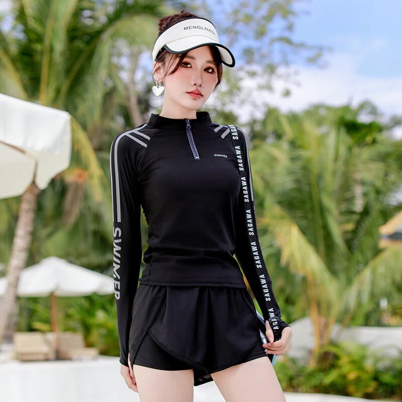 水着レディース温泉遮肉腹部水泳衣装別体衣長袖日焼け止めセクシー痩せ見え専門水着の外に黒い長袖レフ【40-60 kg】