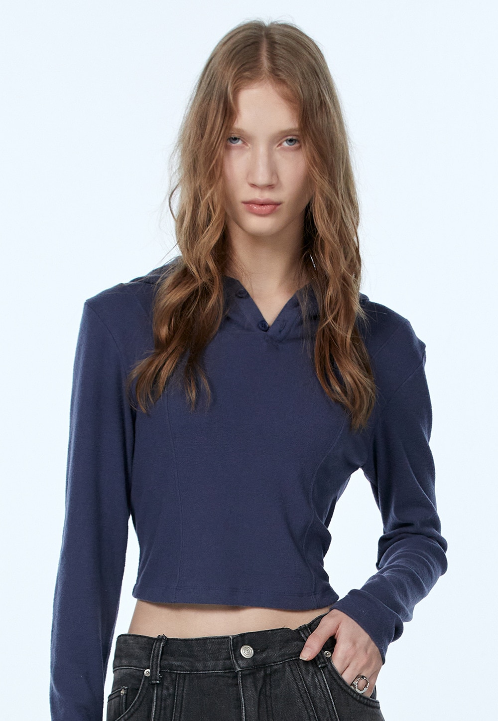 【WOOALONG】SLIM SOFT WARMER HOOD T-SHIRT : NAVY