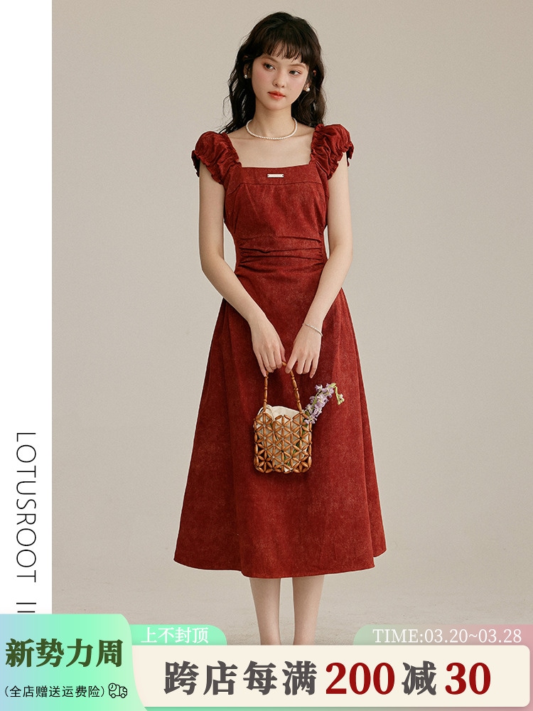 【三寸薯】フランスのレトロな白い襟ワンピース女性感梨形スタイル赤い泡袖ドレススカート