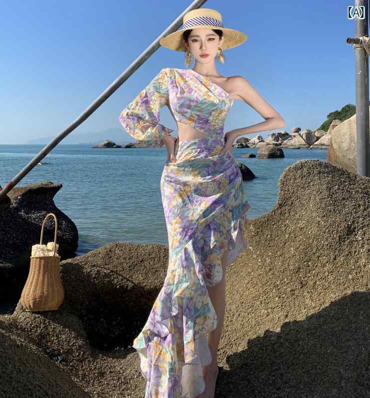 リゾート ワンピース マキシ丈 レディース 海辺 バカンス ビーチ ロング スカート スーパー フェアリー 花柄 ウエスト スリットドレス きれいめ