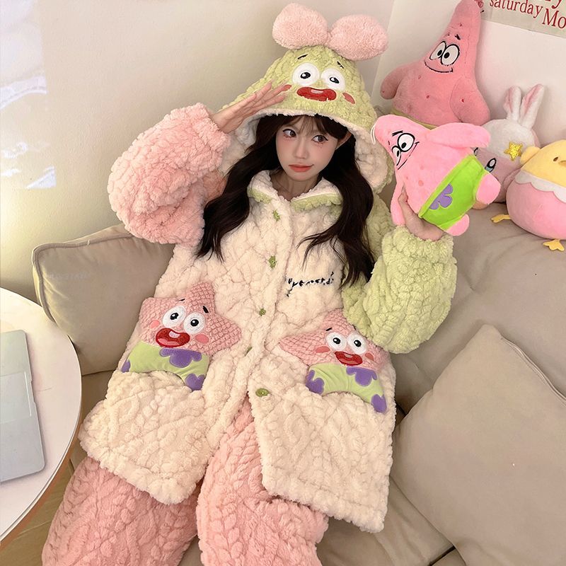【累計人気723.6万件】寝衣女秋冬サンゴパイル三層綿ベルベット厚めかわいい派星連帽パジャマ家服女