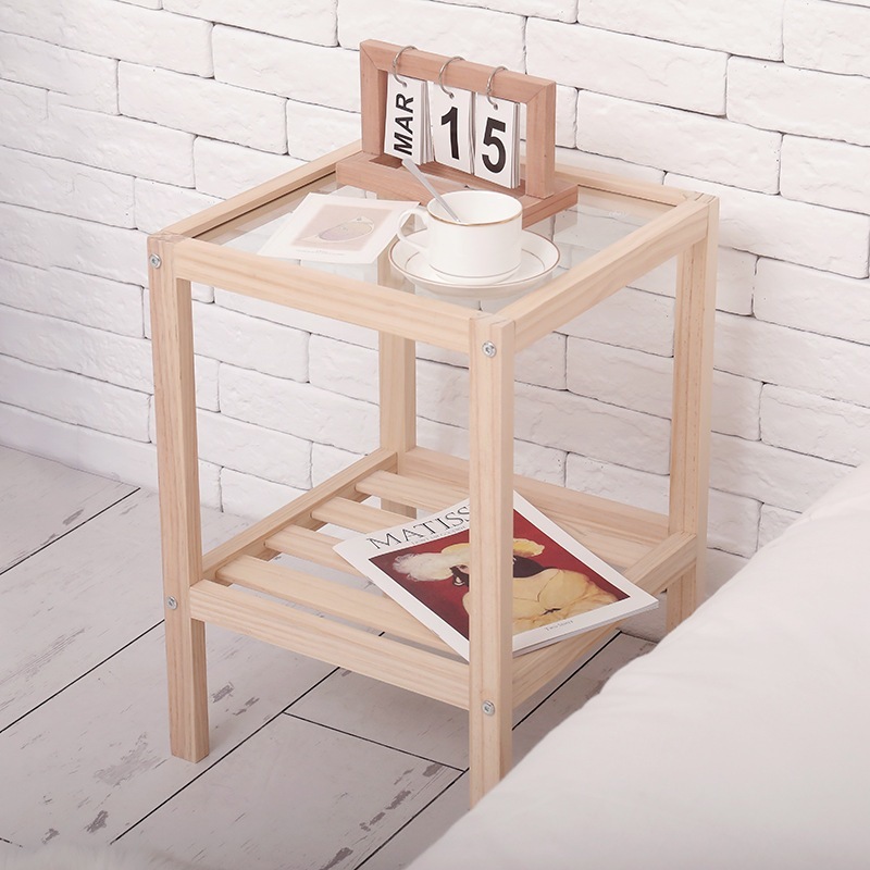木製ガラスサイドテーブル 2段 ラック 棚 32*32*50cm