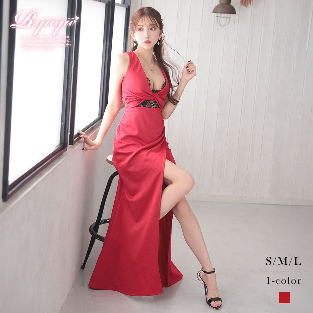 キャバドレス ロング セクシー 赤 ブラックレース エロい 谷間 スリット 大きいサイズ Lサイズ 男ウケ レッド Ryuyu