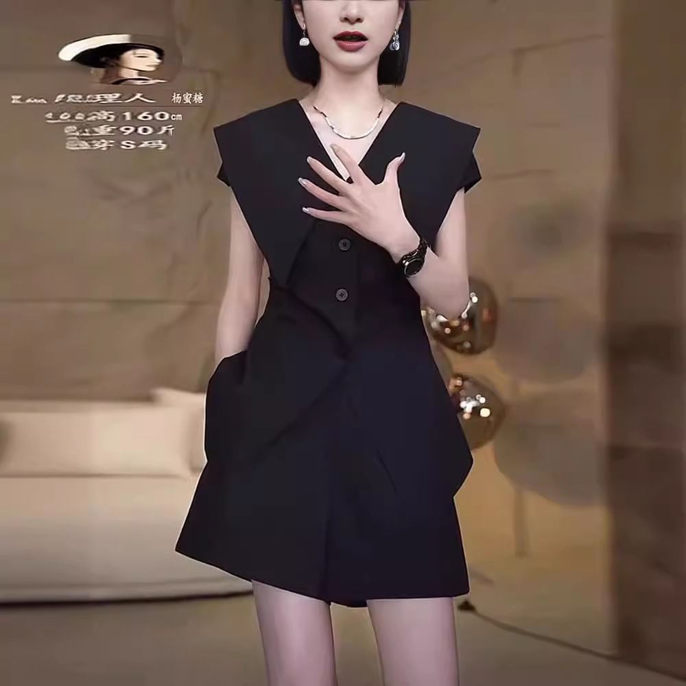 韓国風デザインファッションスーツ女性夏ネイビーカラーウエストトップ+ハイウエストワイドレッグショーツ気質2点セット