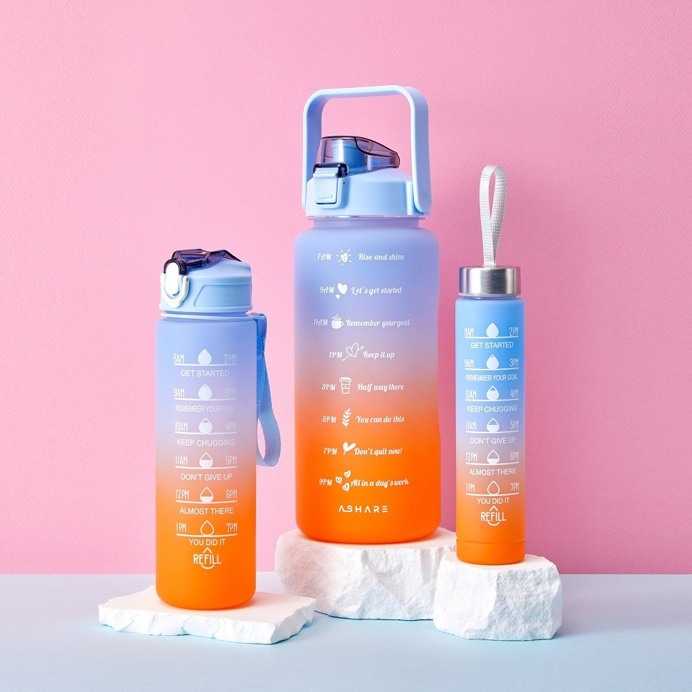 アシェアウォーターボトルタンブラー3セット大容量ポータブルミニウォーターボトルタンブラー登山ジムブルー3個