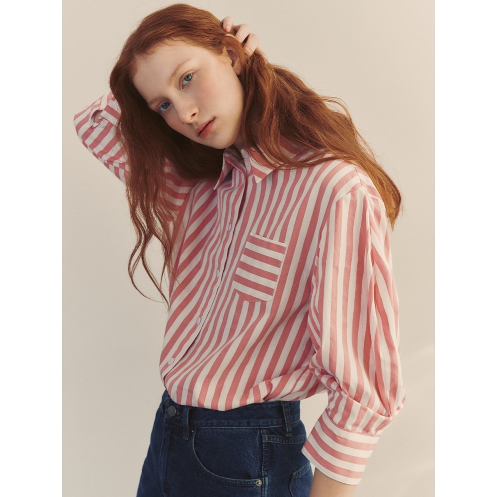 AND YOU LANAI ボリュームスリーブブラウス（ピンクストライプ・ネイビー・ブラック）