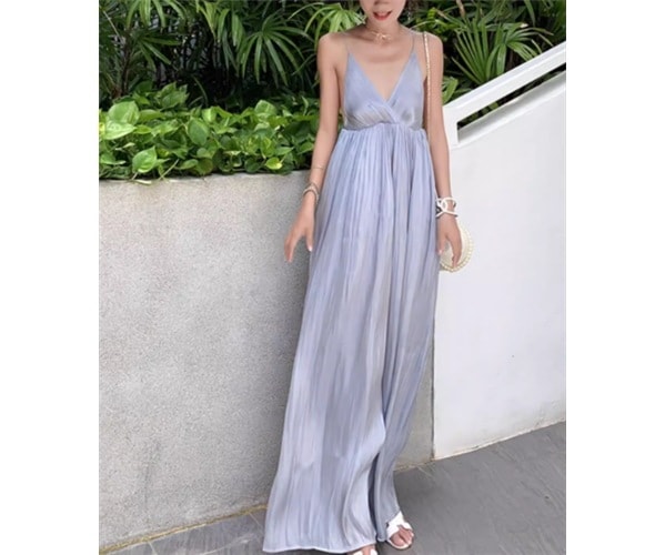 レディース ワンピース プルオーバー キャミワンピース ロング マキシ 袖なし ノースリーブ Vネック カシュクール フレア Aライン 背中開き ウエストマーク ハイウエスト かわいい 大人可愛い