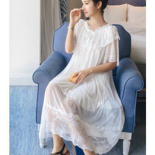 取寄ルームウェア レディース パジャマ 寝巻き 部屋着 ワンピース フェミニン ガーリー かわいい 女の子 レース シフォン レトロ ふんわり おしゃれ 半袖 お泊まり 旅行 出張 体型カバー 着やす