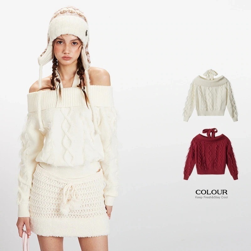 3日出荷 レッド ハングネックオフショルダー ニット ショート丈 トップス ブラウス 春服 レディース 長袖tシャツ レディース