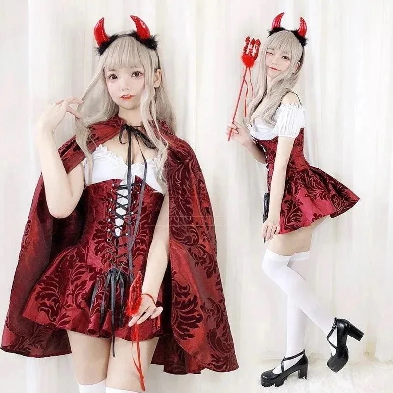 コスプレレディース大人ミニ丈ハロウィンケープ付きワンピース3点セット悪魔仮装衣装