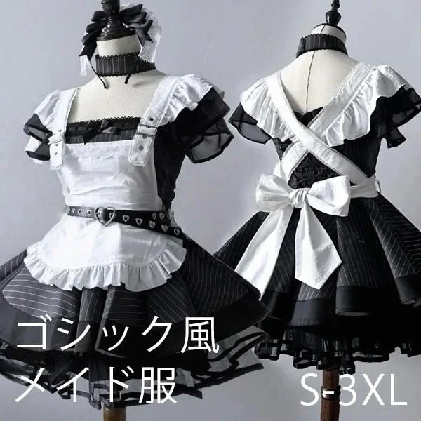 即納 量産型 メイド服 ワンピース ストライプ柄 地雷系 ロリータ ゴスロリ ゴシック風 セットアップ レディース 女子 リボン ショート丈 ミニ フリル 半袖 レトロ風