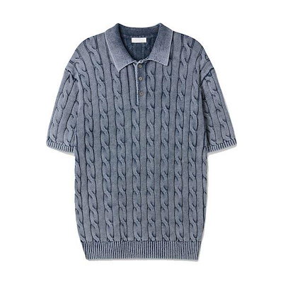 メンズピグメントケーブルカラーネック半袖ニットTシャツ GN KNH Q016 ネイビー_P422781075