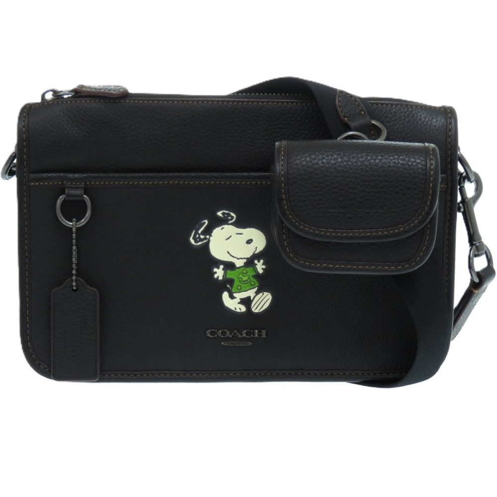 美品 ×PEANUTS スヌーピー ミニポーチ付き ヘリテージ コンバーチブル クロスボディ ショルダーバッグ レザー ブラック 0908【中古】 レディース